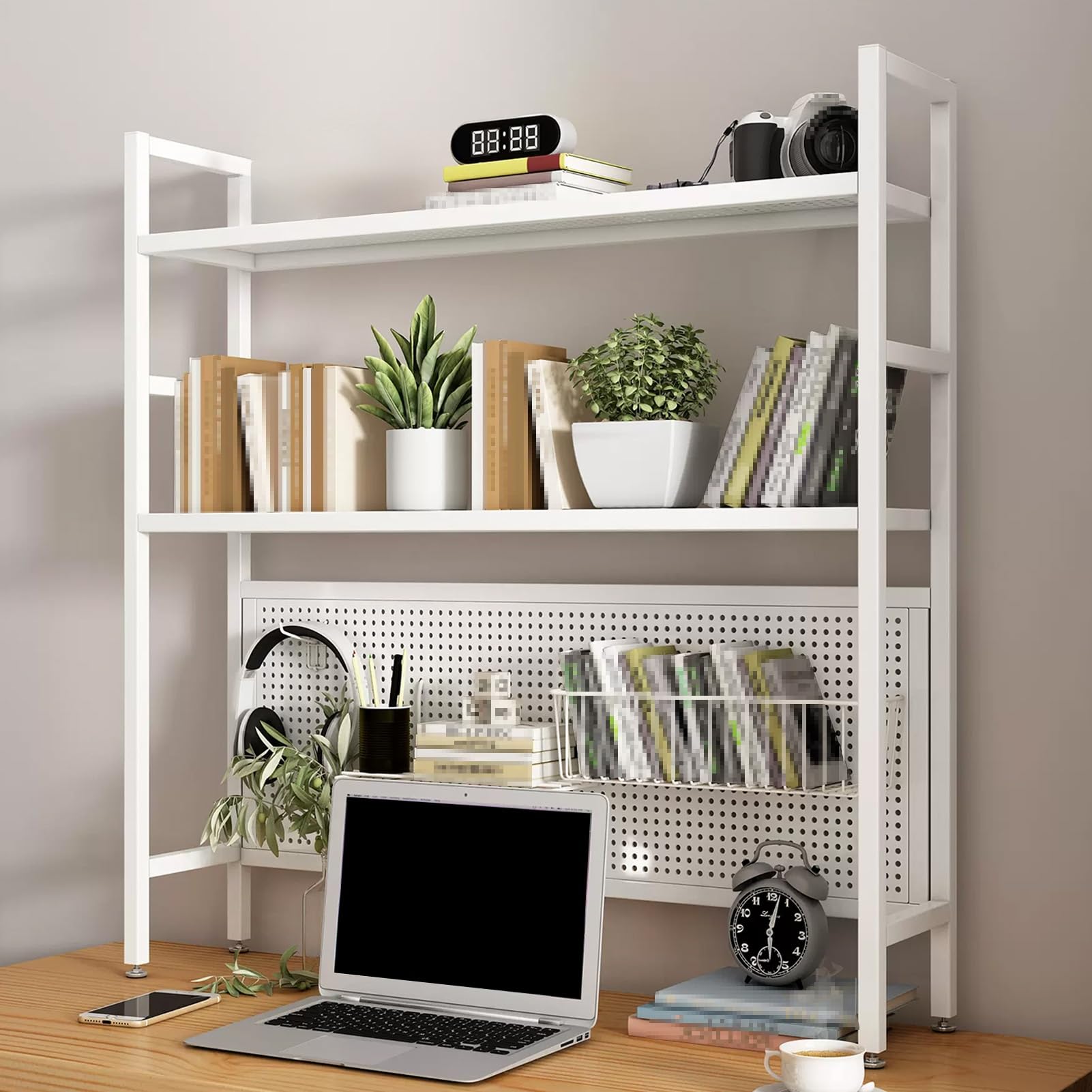 JIAOCKJIAO Metal Desktop Bookshelf, Office Desk Shelf with Perforated Board, 3 Tier Desktop Organizer Shelf, Computer Desktop Bookcase, Save Space, Storage Rack Display Shelf(White,30''/75cm)