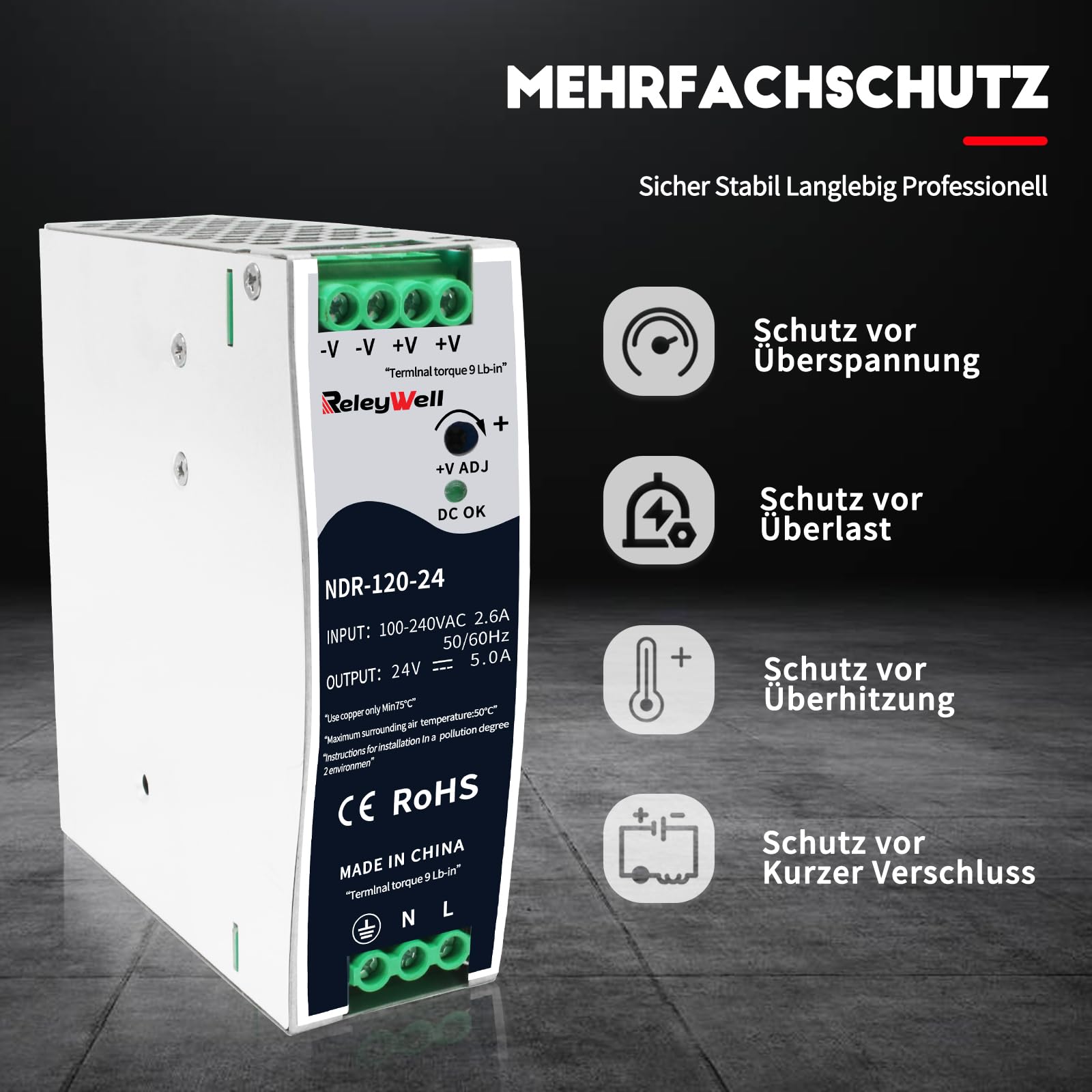 Hutschienen netzteil 24V, 120W, 5A; trafo 230V auf 24v, hutschiene, 24 VDC, 24 volt netztei, 24v dc trafo, din schiene, ReleyWell, NDR-120-24