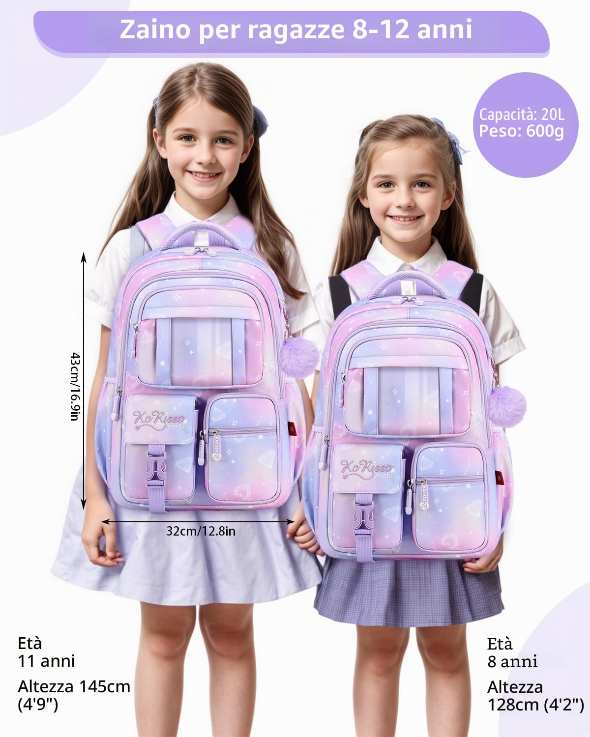 Tanou Zaino Bambina Elementari Zaino per Ragazze, Traspirante Cartella Scuola Elementare Bambina di 7-12 anni, Impermeabile Nylon Grande Zaini Bambini per la Scuola, Viola