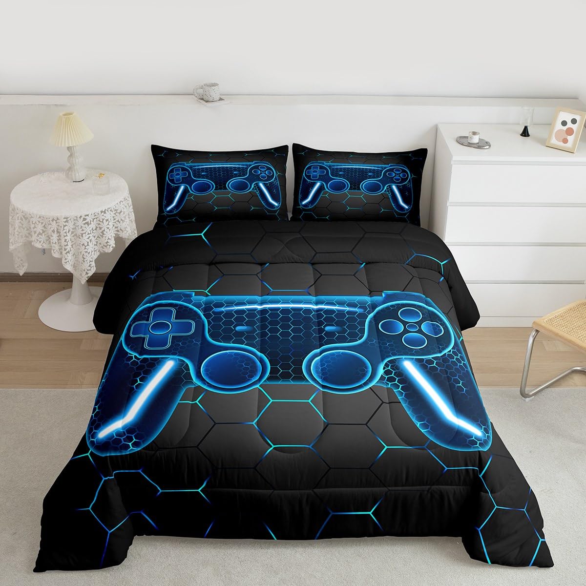 Ropa de cama de regalo de videojuegos matrimonial azul con juego de edredón infantil juvenil de 3 piezas