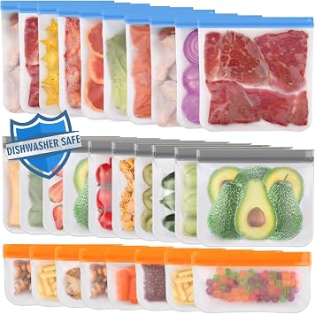 Lerine 28 Pack Reusable Freezer Bags Dishwasher Safe, Food Storage Bags