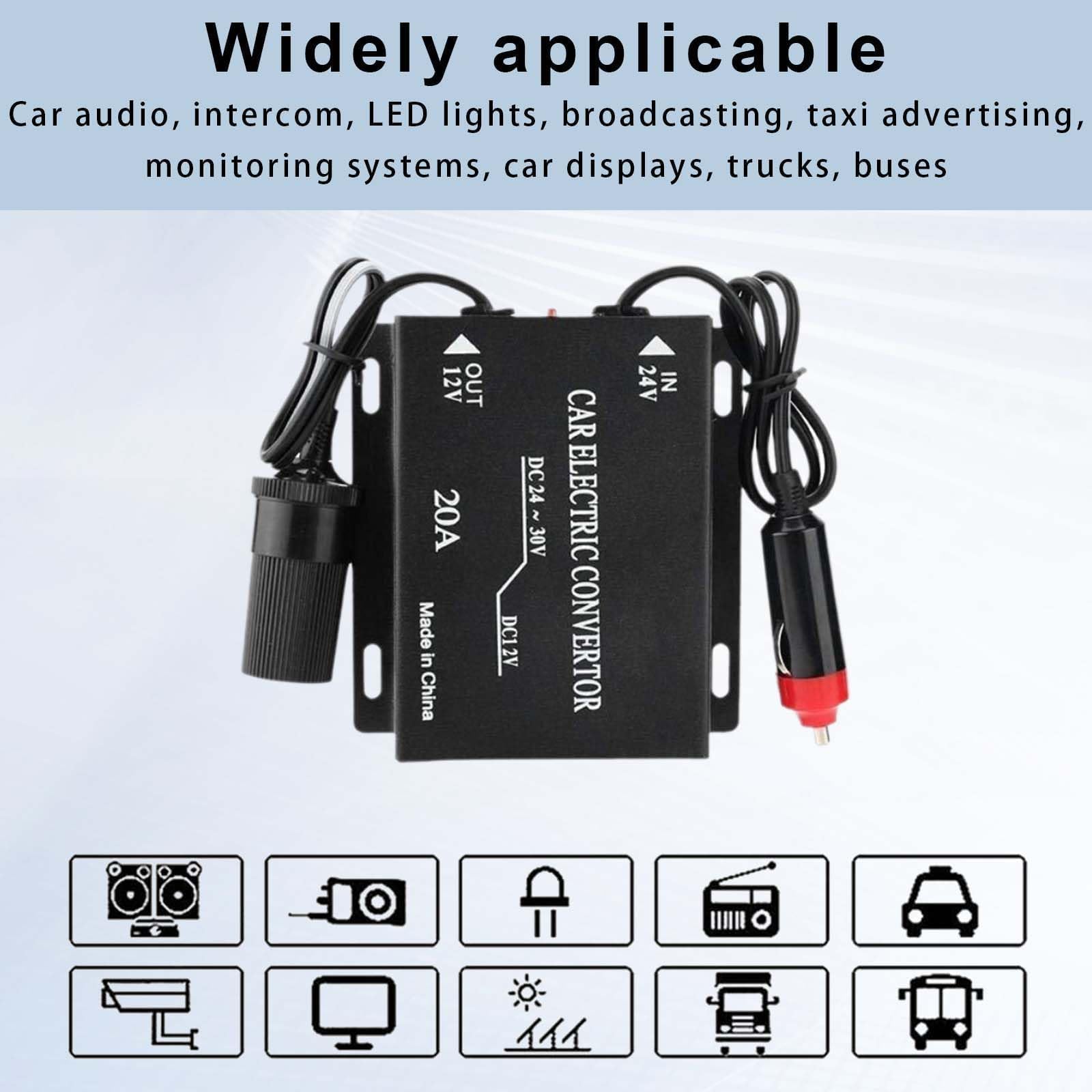 20A, Convertisseur de Tension 24V vers 12V, Convertisseur de Puissance, Transformateur 24 V vers 12 V, Adaptateur 24V vers 12V, Convertisseur d'alimentation pour Voiture, avec Prise Allume-Cigare