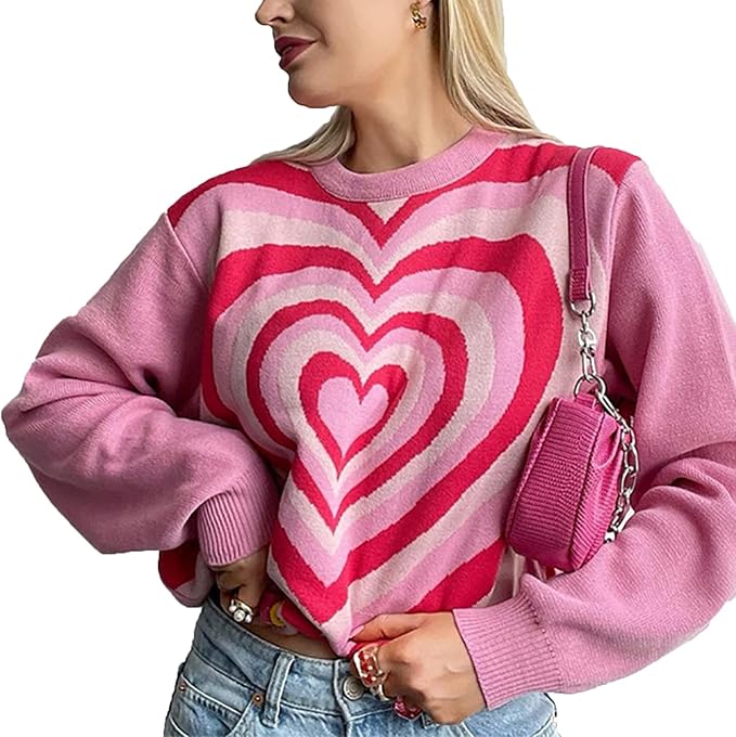 Heart Print Knitted Sweater Top Women Autumn Winter Fashion Casual O 
