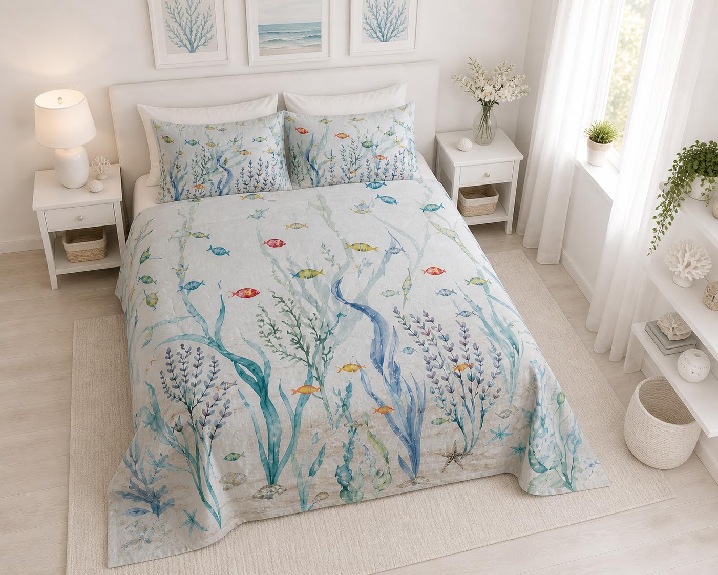 Tex family Set Lenzuolo Copriletto con Balza Matrimoniale 250x290 + 2 Federe 50x80, 100% Cotone, Fantasia Mare Blu