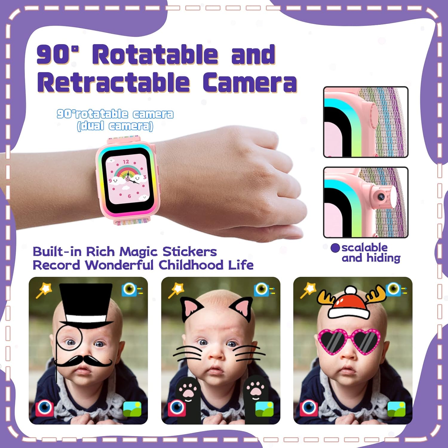 Smartwatch Bambini, 90° Rotante Fotocamera Orologio Smartwatch Bambini con 7 Colori Luce Musica Storia Giochi Sveglia Pedometro Sfondi Fai Da Te, Giocattoli Regalo Bambina 3-12 anni Ragazzi Ragazze Smartwatch Bambini, 90° Rotante Fotocamera Orologio Smartwatch Bambini con 7 Colori Luce Musica Storia Giochi Sveglia Pedometro Sfondi Fai Da Te, Giocattoli Regalo Bambina 3-12 anni Ragazzi Ragazze