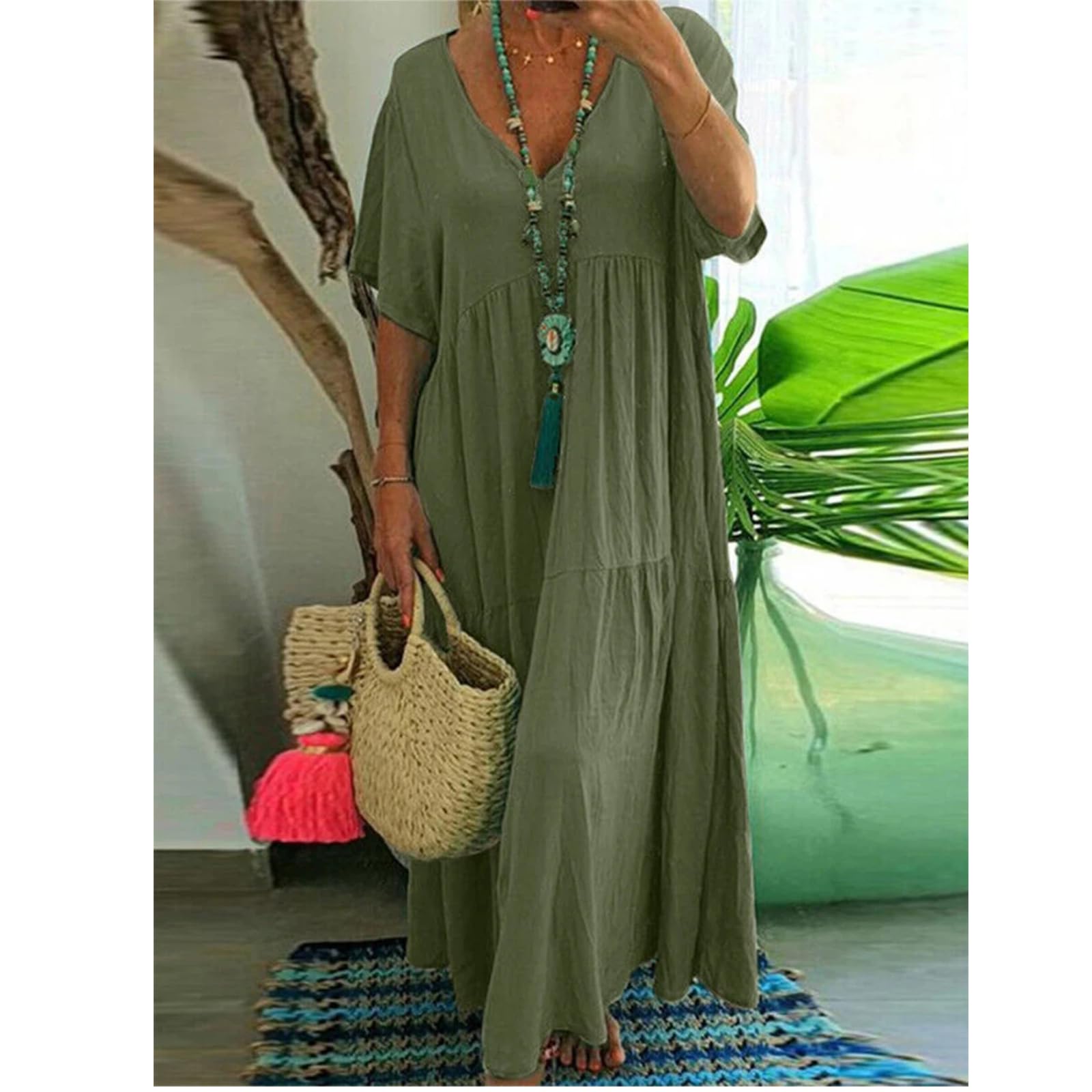 Vestido Largo de Mujer Casual Suelto de Escote en Pico, Primavera-Verano, Vestido de Mujer Plisado de Talla Grande