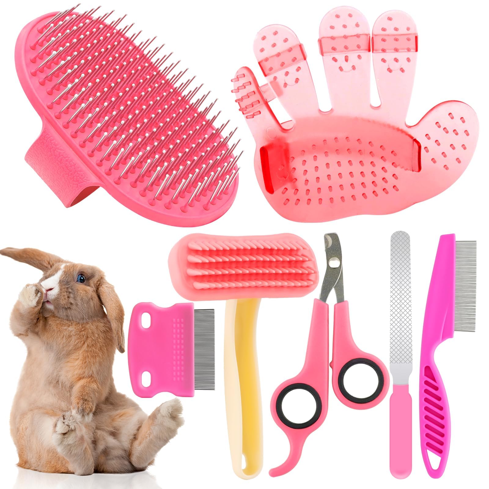 7 Pack Rabbit Grooming Kit, Rabbit Brush for Shedding with Bunny Nail Clipper, Rabbit Nail Trimmers with Pet Combs for Hamster Guinea Pig Ferret