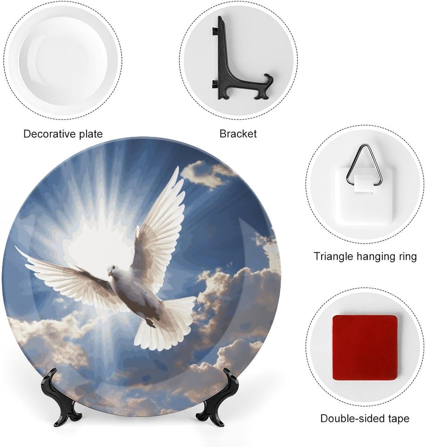 Dove Sky Bone China Decorative Plate with Display Stand, Ceramic Ornaments Plate for Wall Hanging, Personalized Porcelain Plates for Office, Living Room 8inch