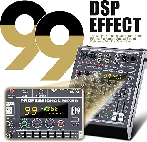 Miniatura 3 de Mezclador de audio de 4 canales, consola de tablero de sonido 99 DSP con alimentación Phantom de 48 V, mezclador DJ profesional para podcasting,
