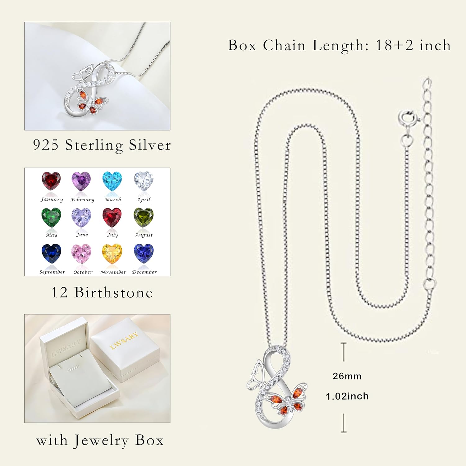 Infinity Butterfly Necklace 925 Sterling Silver Birthstone Pendant Jewelry for Women - Image 6