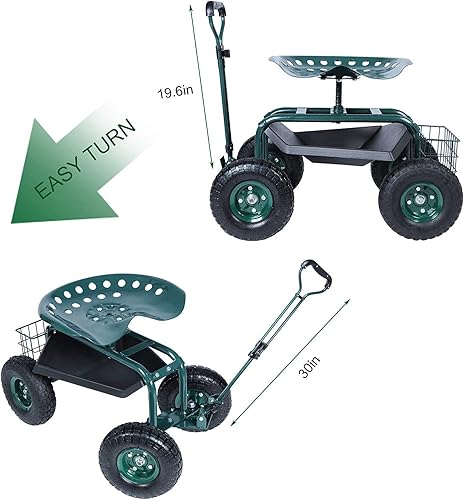 Miniatura 6 de KARMAS PRODUCT Carrito de taburete de jardín orientable con bandeja de herramientas y cesta de almacenamiento sobre ruedas, asiento de trabajo