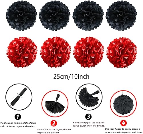 Miniatura 3 de ZERODECO Decoraciones de fiesta, 41 unidades de pompones negros y rojos con borlas de papel de seda para graduación, novia, baby shower, boda, niño
