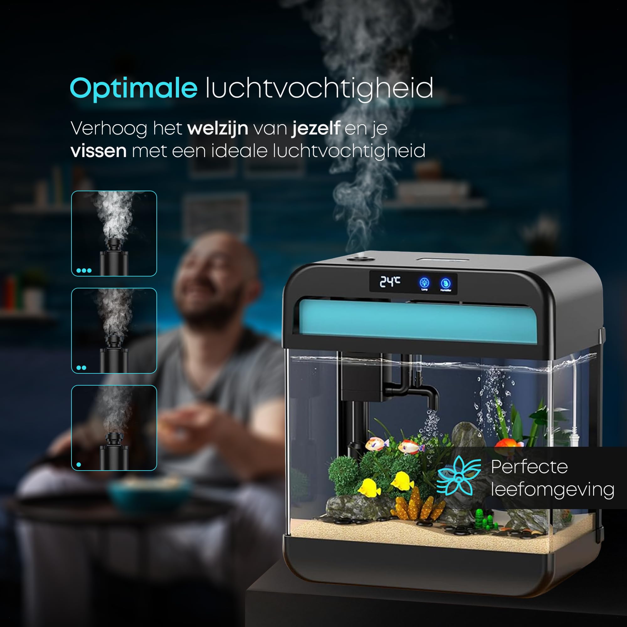 Selbstreinigendes Aquarium 26L Komplettset Nano Aquarium mit 3-in-1 Filter, LED Beleuchtung und Touch Display, integrierter Luftbefeuchter zur Unterstützung der Wasserqualität im Aquarium