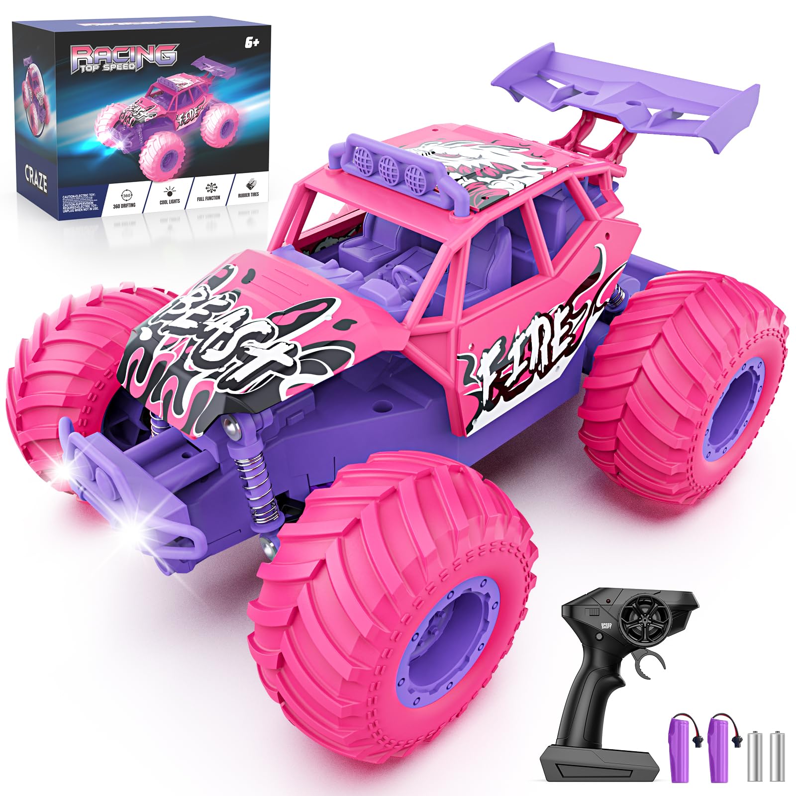 Meislane Remote Control Car, All Terrain RC Cars with Speed Switch RC Truck with LED Headlight and Rechargeable Batteries, 20KM/H Monster Truck Toys