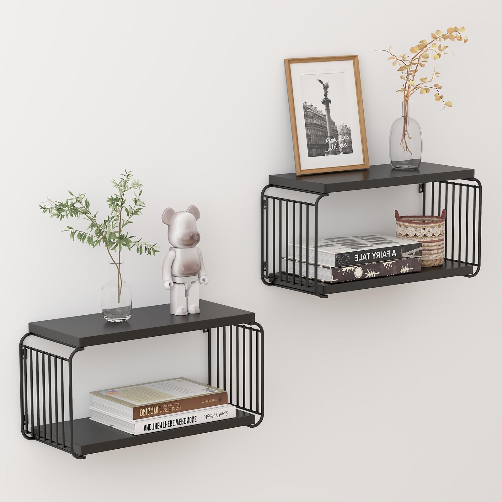 MXCSE Floating Nightstand Shelves, Modern Night Stand for Bedroom, Wood Floating Shelf for Wall, Nightstand Bedside Table, Mid Century Wall Shelves for Living Room, Bedroom (2, Black)