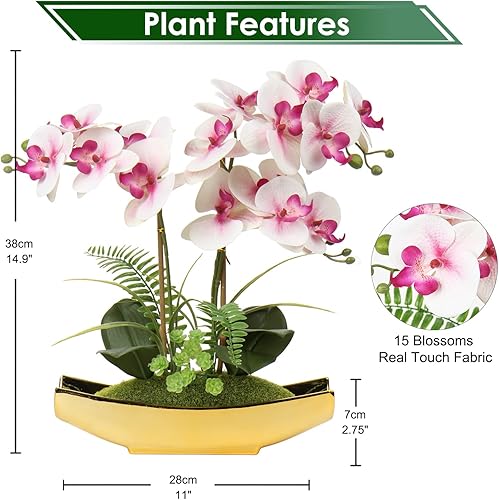 Miniatura 2 de Briful Orchids Flores artificiales de 15 pulgadas, orquídea Phalaenopsis rosa claro con macetas doradas, planta de orquídea sintética de tacto real