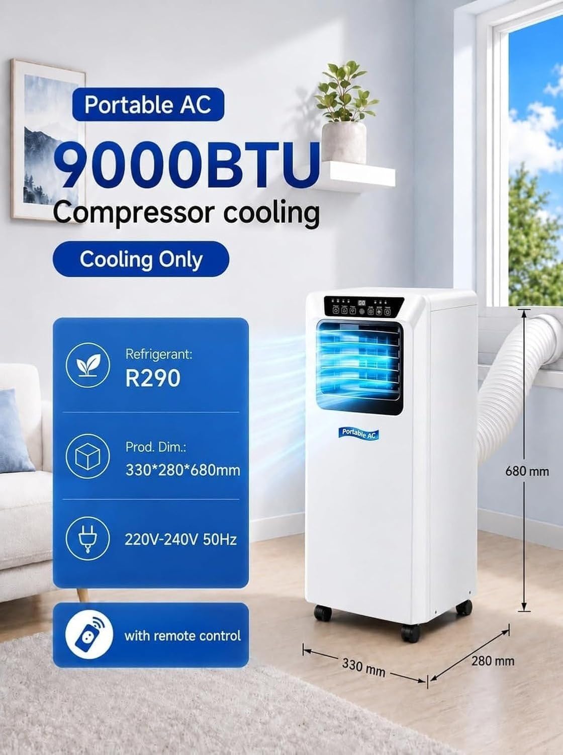 Climatizzatore Portatile con Deumidificatore e Ventola da 9000 BTU, Raffredda Fino a 20 m², Condizionatore Intelligente con Telecomando, Timer e modalità Notte, (9000btu), (9000BTU)