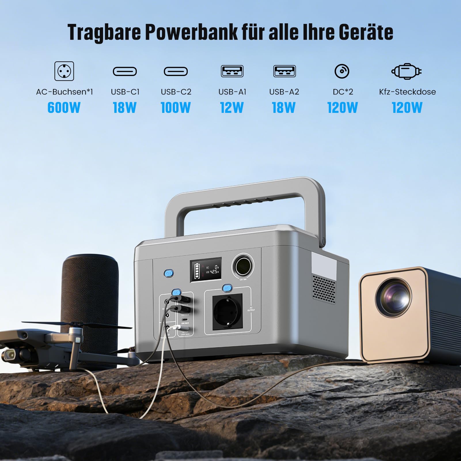 Powkey Powerstation 600W 448Wh LiFePO4 mit 120W Faltbar Solarpanel/Camping | Akku/230V AC Ausgang/100W USB-A + USB-C/120W Faltbares Solarpane/Für Wohnmobil & Camping