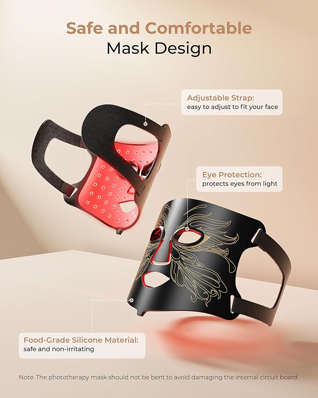 7-in-1 Red Light Therapy for Face & Neck, Skin-Friendly Silicone Red Light Therapy Mask with 324 LEDs, 5 Brightness Levels & 20 Mins Timer, Led Face Mask Light Therapy for Home & Travel Black image 6