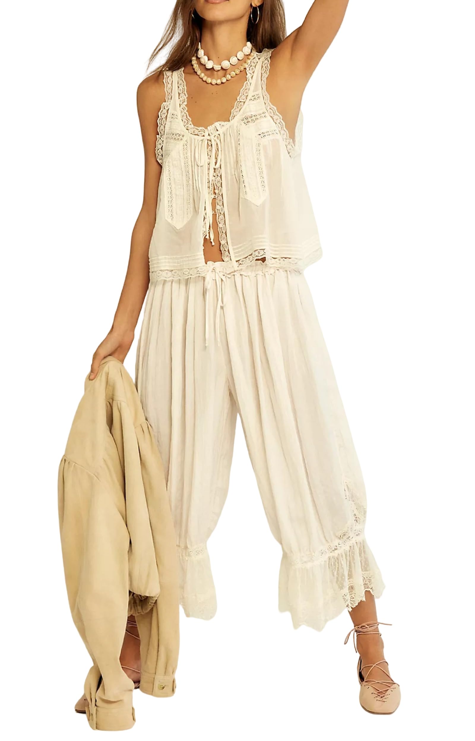 Aonoapll Women Y2k Lace Trim 2 Piece Pajama Set Tie Front Button Tank Top and Long Bloomer Pants Pj Set Loungewear