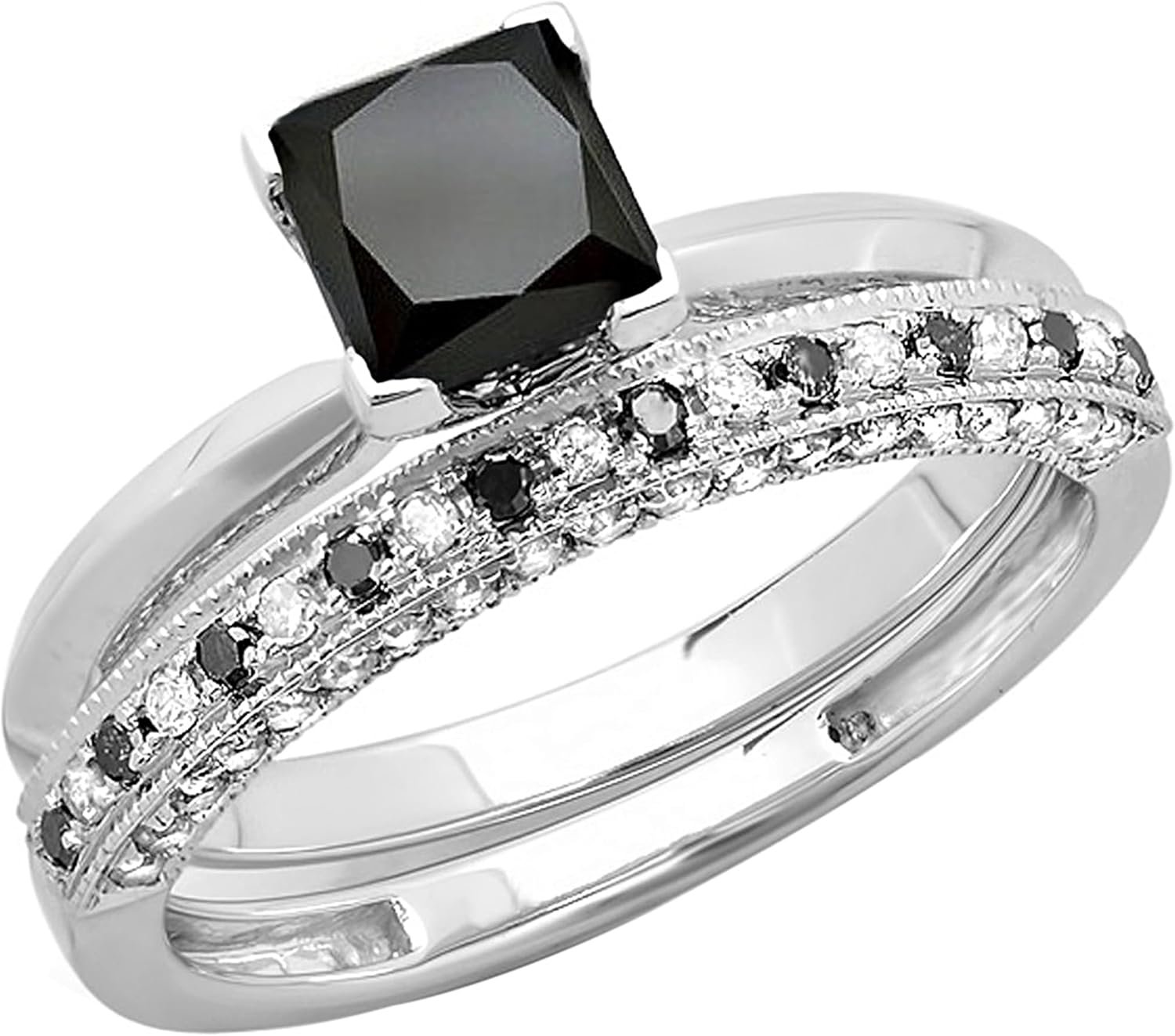 Dazzlingrock Collection 1.50 Cttw 18K Solid Gold Princess Cut Black & Round White Diamond Engagement Ring Set 1