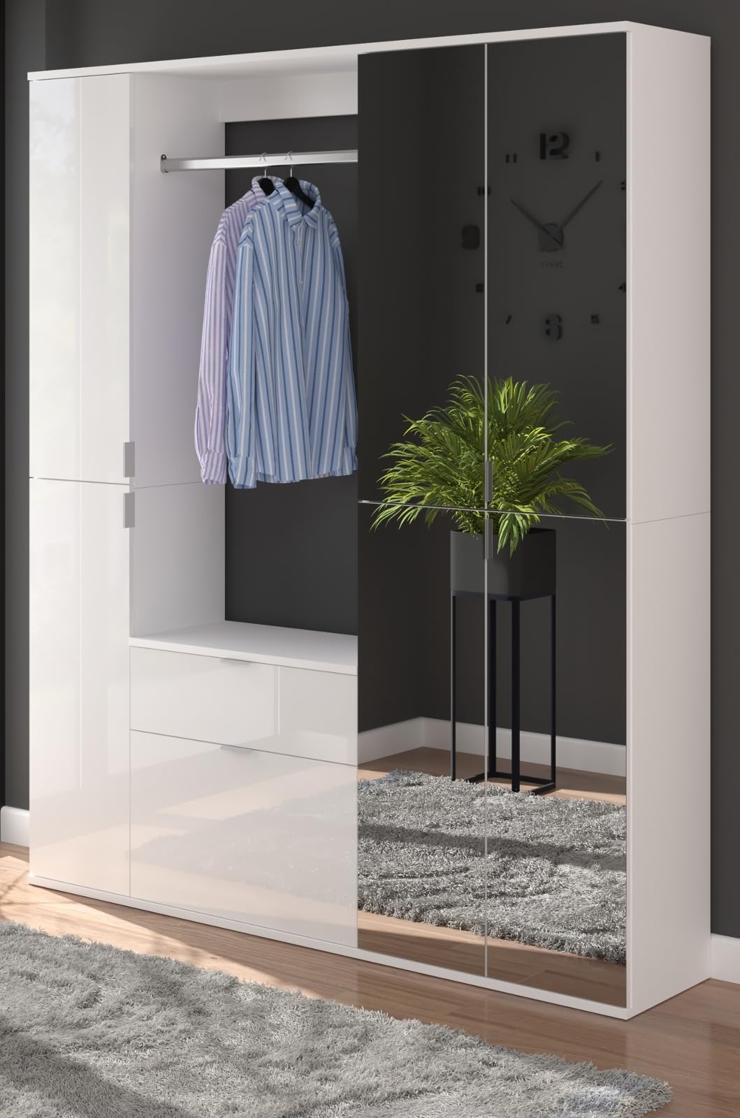Garderobe und Kleiderschrank weiß Hochglanz viel Stauraum 15 Fächer Mehrzweckschrank mit Spiegeltür 122 x 193 cm SystemX