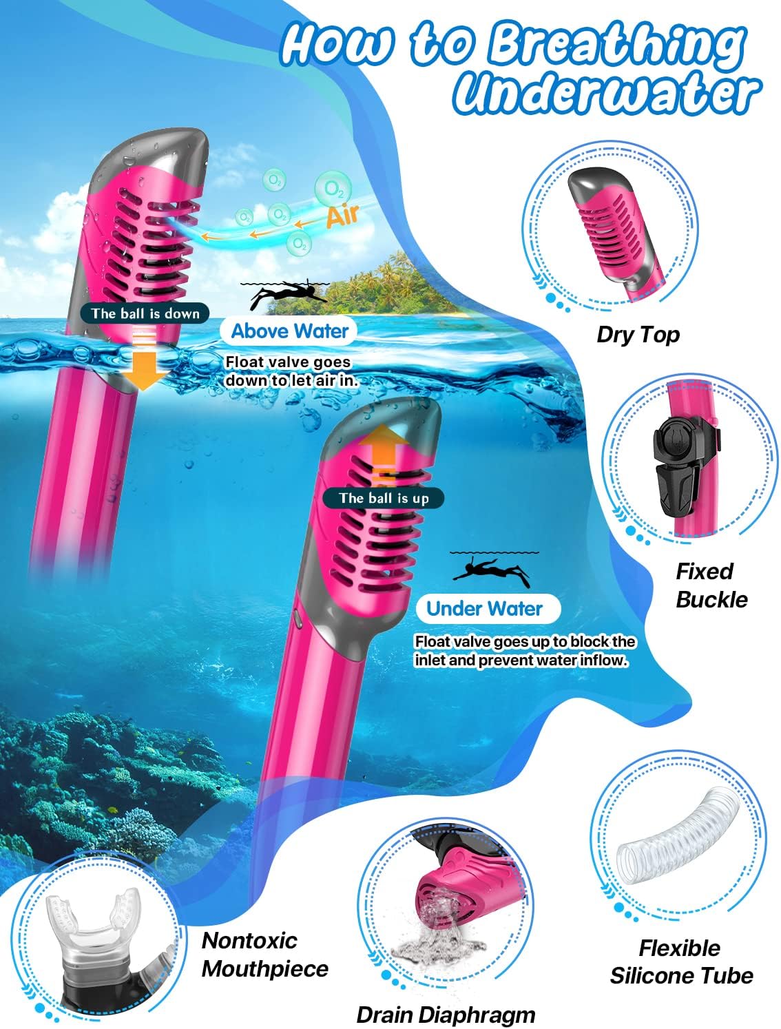 Zenoplige Mask Fins Snorkel Set, Snorkeling Gear for Adults, Panoramic View Snorkel Mask Anti-Fog, Adjustable Dive Flippers, Dry Top Snorkel and Travel Bag, Scuba Gear for Swimming Snorkeling Diving - Image 3