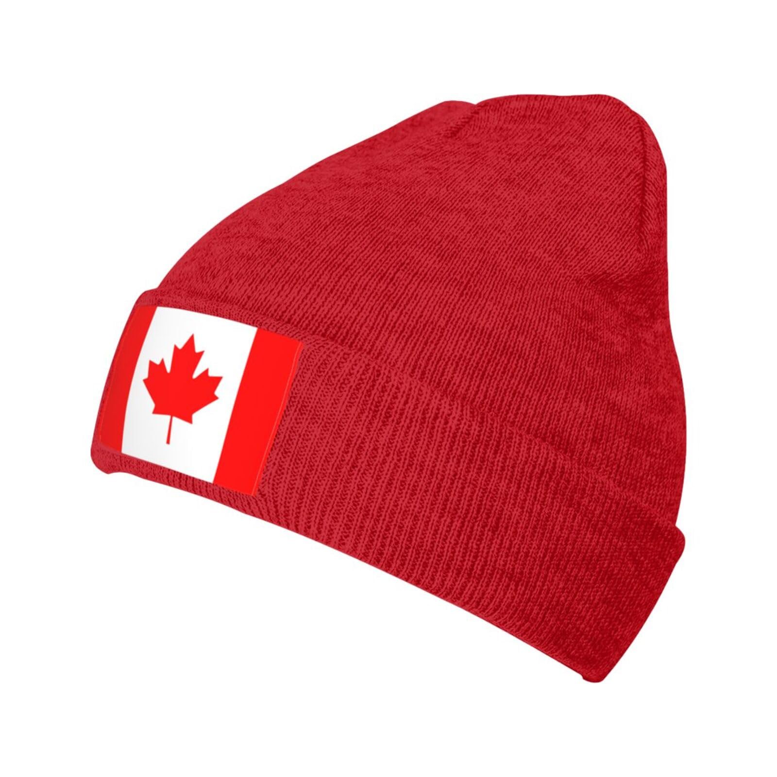 Canadian Flag Beanie Hat for Women Men Canada Knitted Hat Soft Stretchy Ski Beanie Cap Winter Warm Hats Unisex Patriotic Skull Caps Red