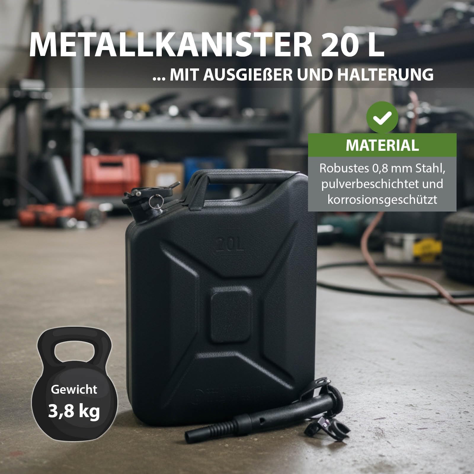 TRUTZHOLM 2 x Kraftstoffkanister Metall Benzinkanister 20 Liter - Schwarz - UN-Zulassung, inkl. Ausgießer & Halterungen