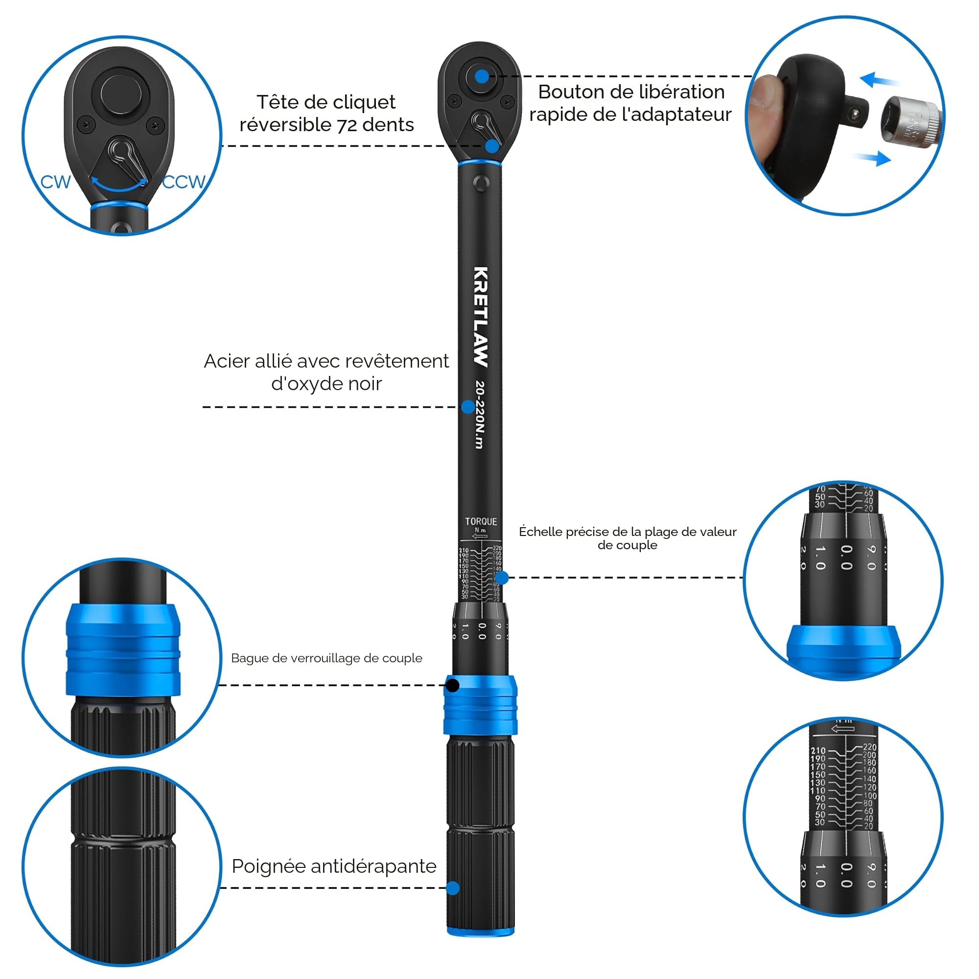 KRETLAW Kit de clés dynamométriques 1/2", 3/8" & 1/4", 6 pièces, 20-220Nm, ±3% précision, cliquet 72 dents