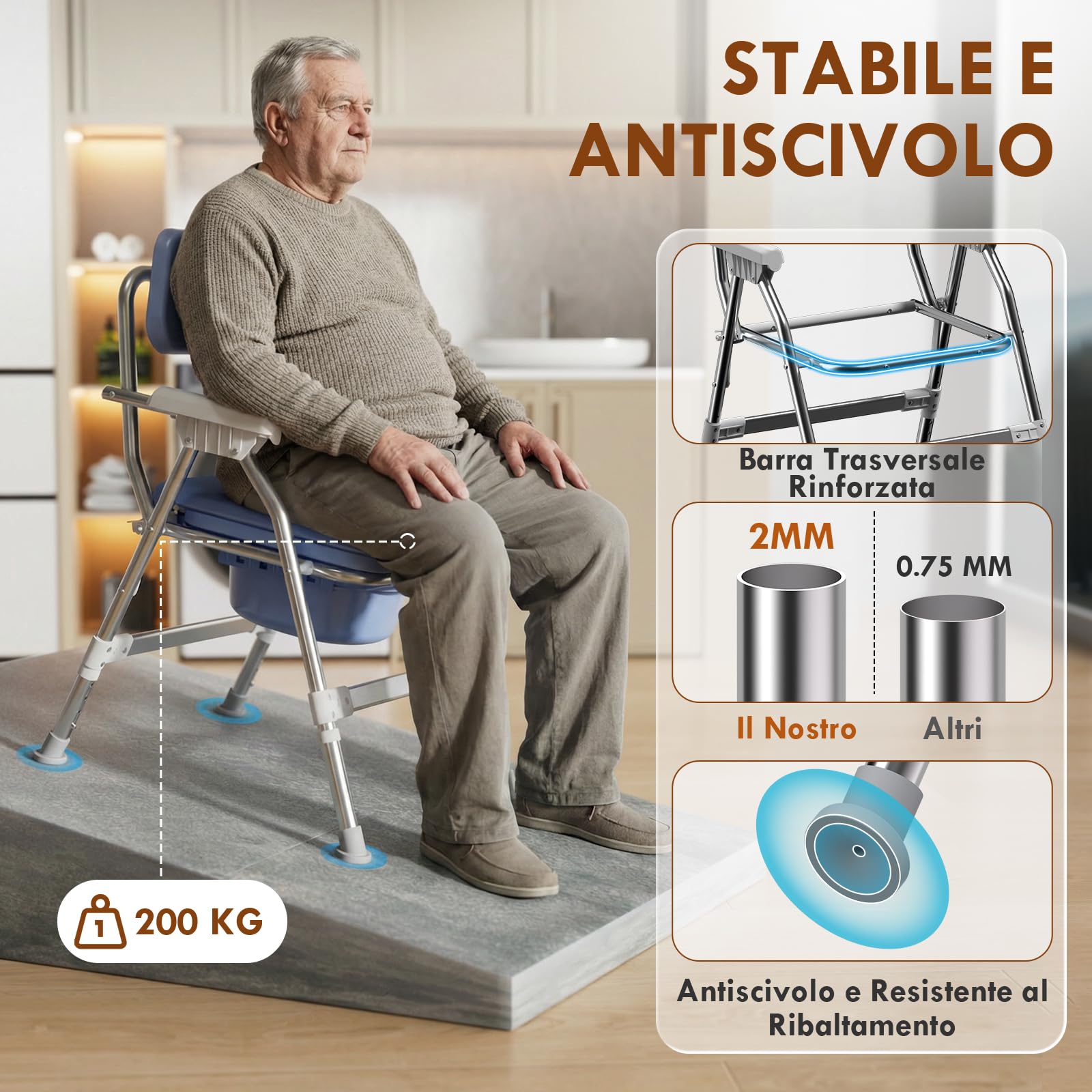 Sedia WC 4 in 1 per anziani: schienale ergonomico girevole regolabile in altezza, sedia da doccia pieghevole con cuscino in EVA, telaio stabile in acciaio inox