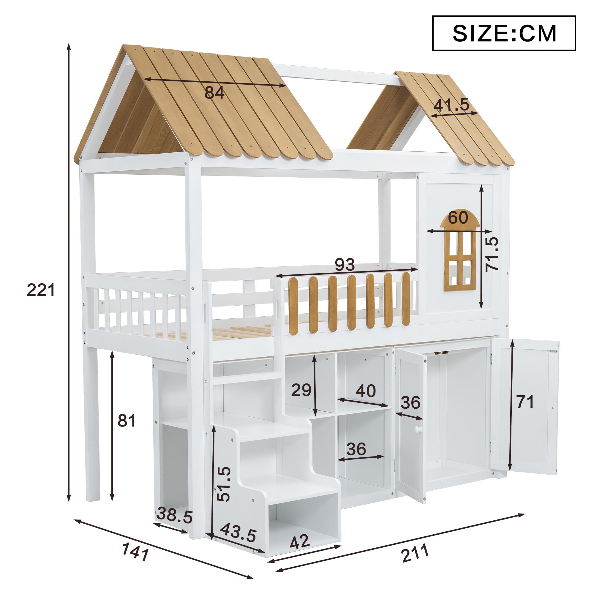 Litera 90 x 200, cama alta con armario, zapatero, ventana, marco de pino, escalera, barandilla estable, litera, cama de juegos, sin colchón