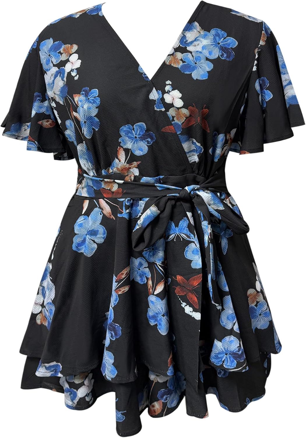 Relipop Women's Floral Rompers Jumpsuits V Neck Short Baggy Sleeve Waist Tie Double Layer Ruffle Hem Romper 2026 Trendy - Image 5