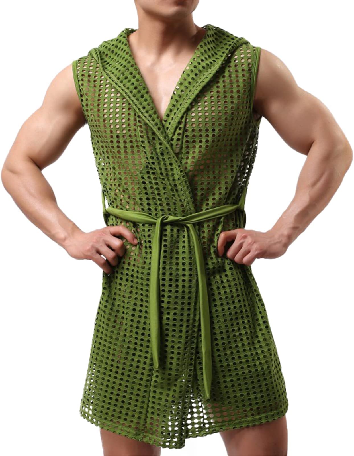 2 Pcs Mens Pajamas Set Sexy Underwear Lingerie Set Big Hole Fishnet Cutout Panties Hollow Homewear Nightgown Hooded