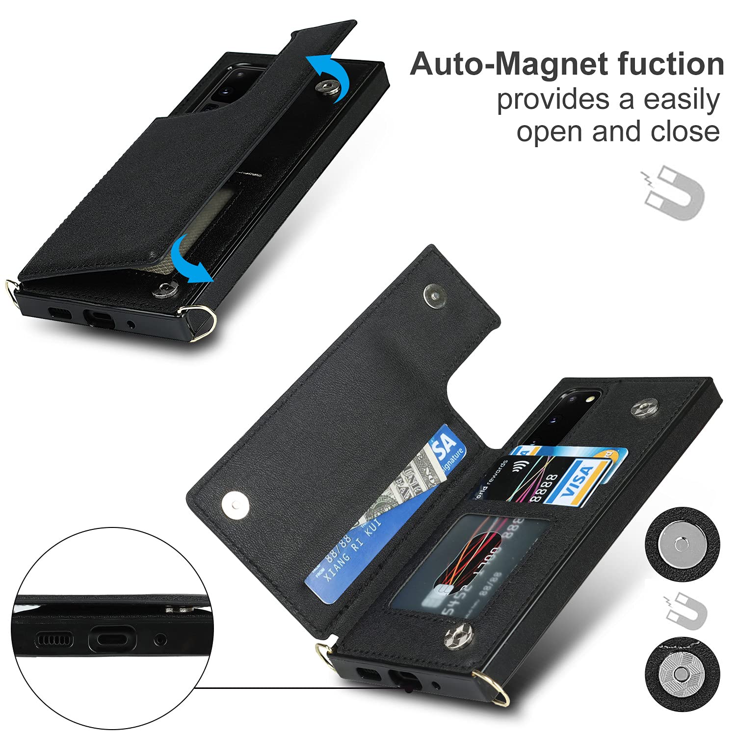 CCSmall Removable Crossbody Women Wallet Case for Samsung Galaxy Note 20 with Card Holder, Shockproof Purse Square Cover with Removable Cross Body Strap for Samsung Galaxy Note 20 XKSK Black