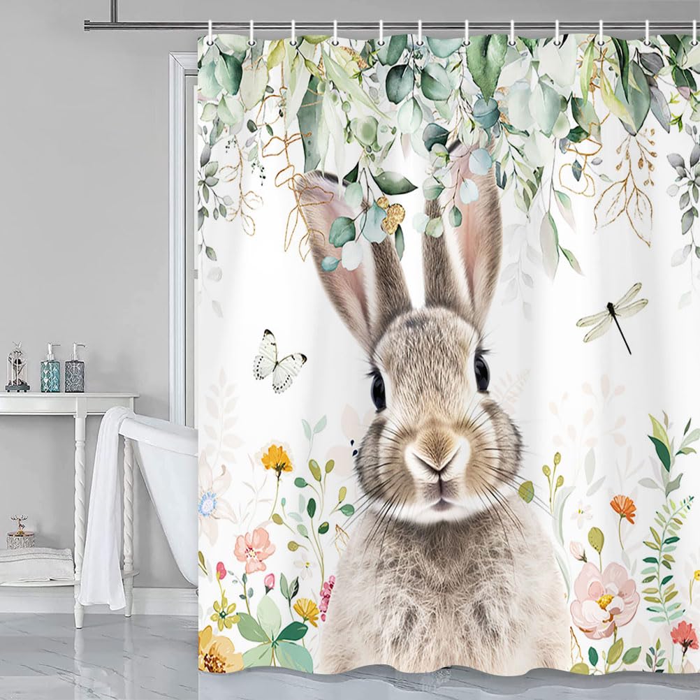 Grtuspr Easter Bunny Shower Curtain - Green Eucalyptus With Butterflies, Watercolor Farmhouse Bathroom Decor
