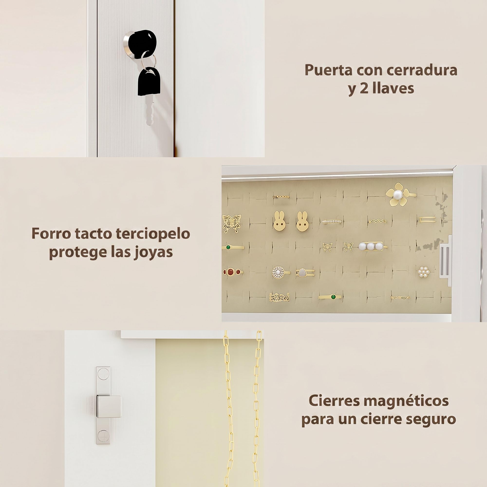 HOMCOM Espejo Joyero con Luz LED, Armario Joyero Montado en la Pared o en la Puerta, Armario para Joyas con Cerradura, Espejo Entero sin Marco, 2 Cajones, para Regalo, 37x10x120 cm, Blanco