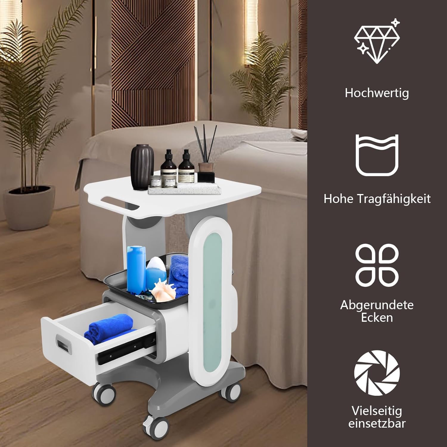 Carrello per cosmetici con 2 cassetti, carrello per salone di bellezza, carrello per attrezzi a 3 piani, con ruote frenanti, carrello mobile per studi estetici e applicazioni mediche