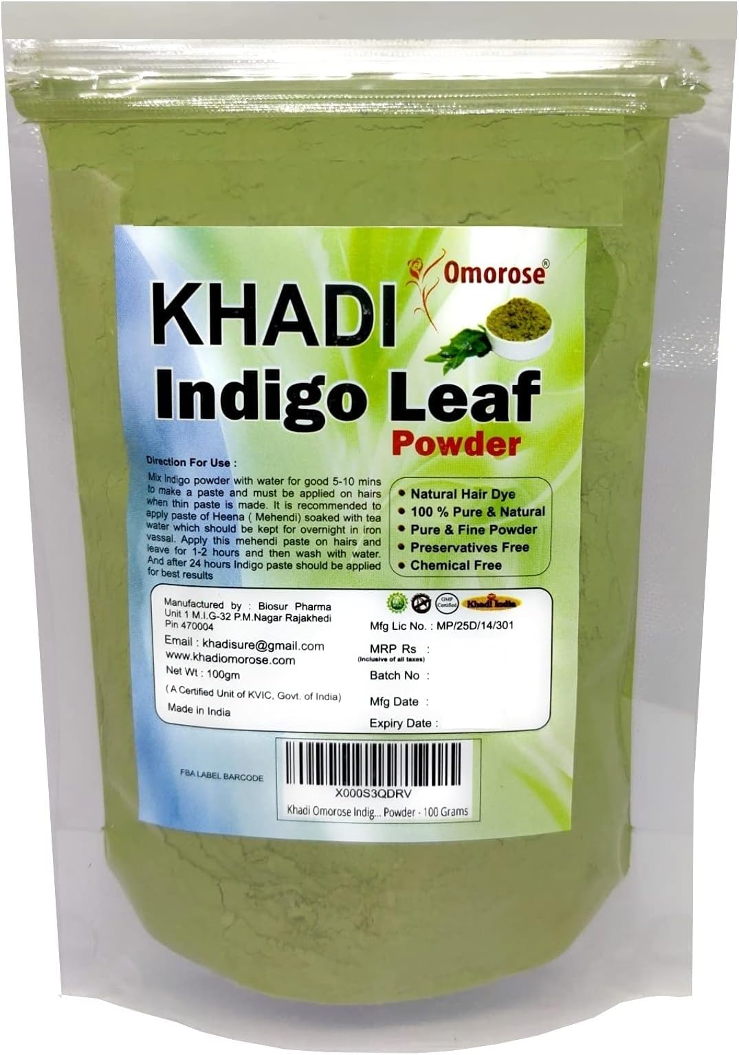 Khadi Omorose Indigo Leaf Powder For Hair (100 Grams) (Pack of 1)