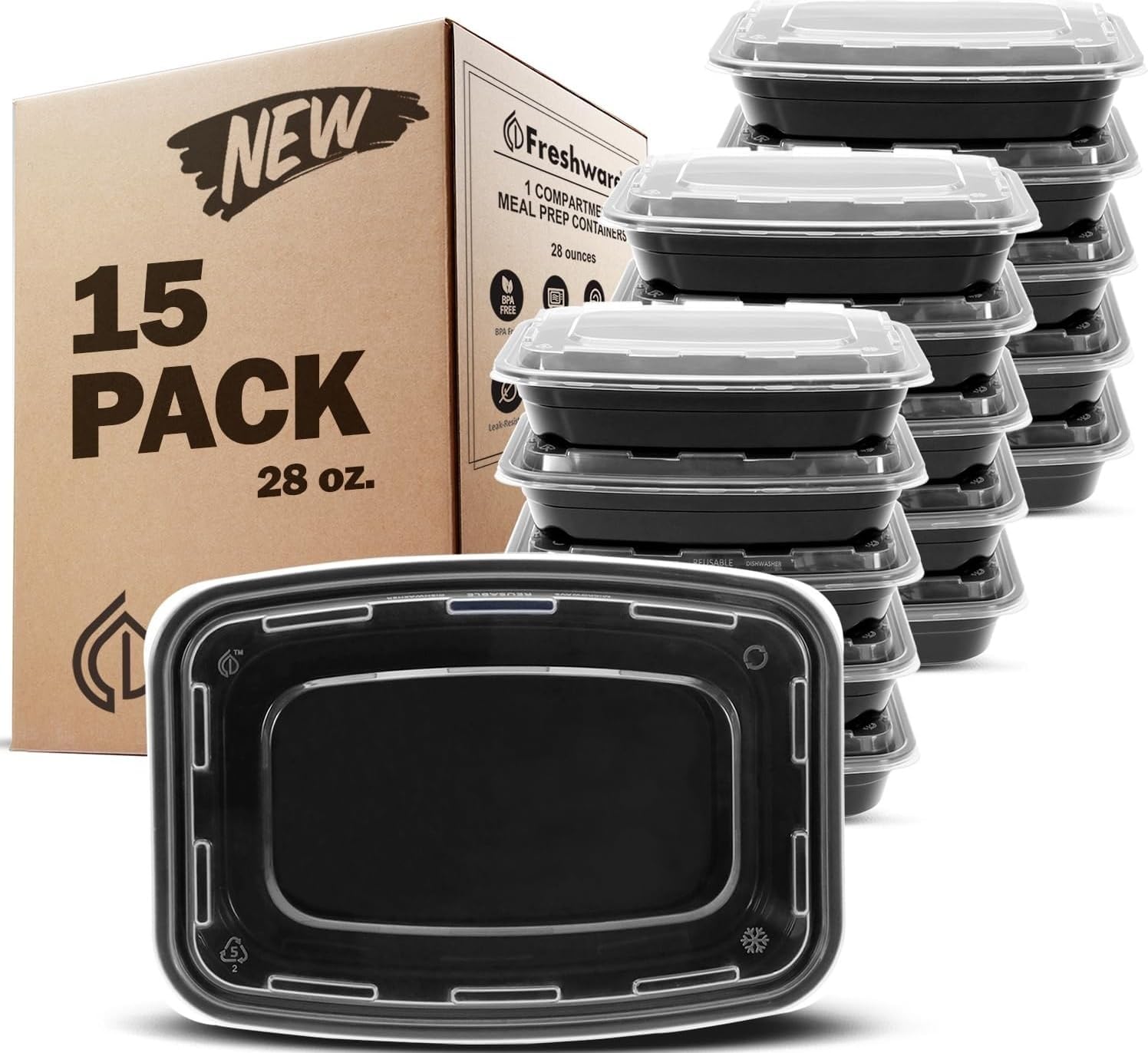 Freshware Meal Prep Containers 15 Count (Pack of 1) Compartment Food Storage Containers with Lids, Bento Box, BPA Free, Stackable, Microwave/Dishwasher/Freezer Safe (28 oz) (Color May Vary)