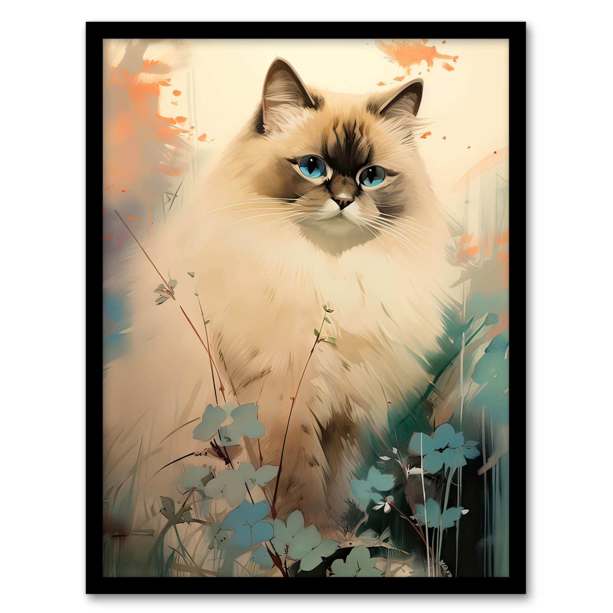 Artery8 Ragdoll Cat Pastel Colour Animal Portrait Artwork Framed Wall Art Print A4