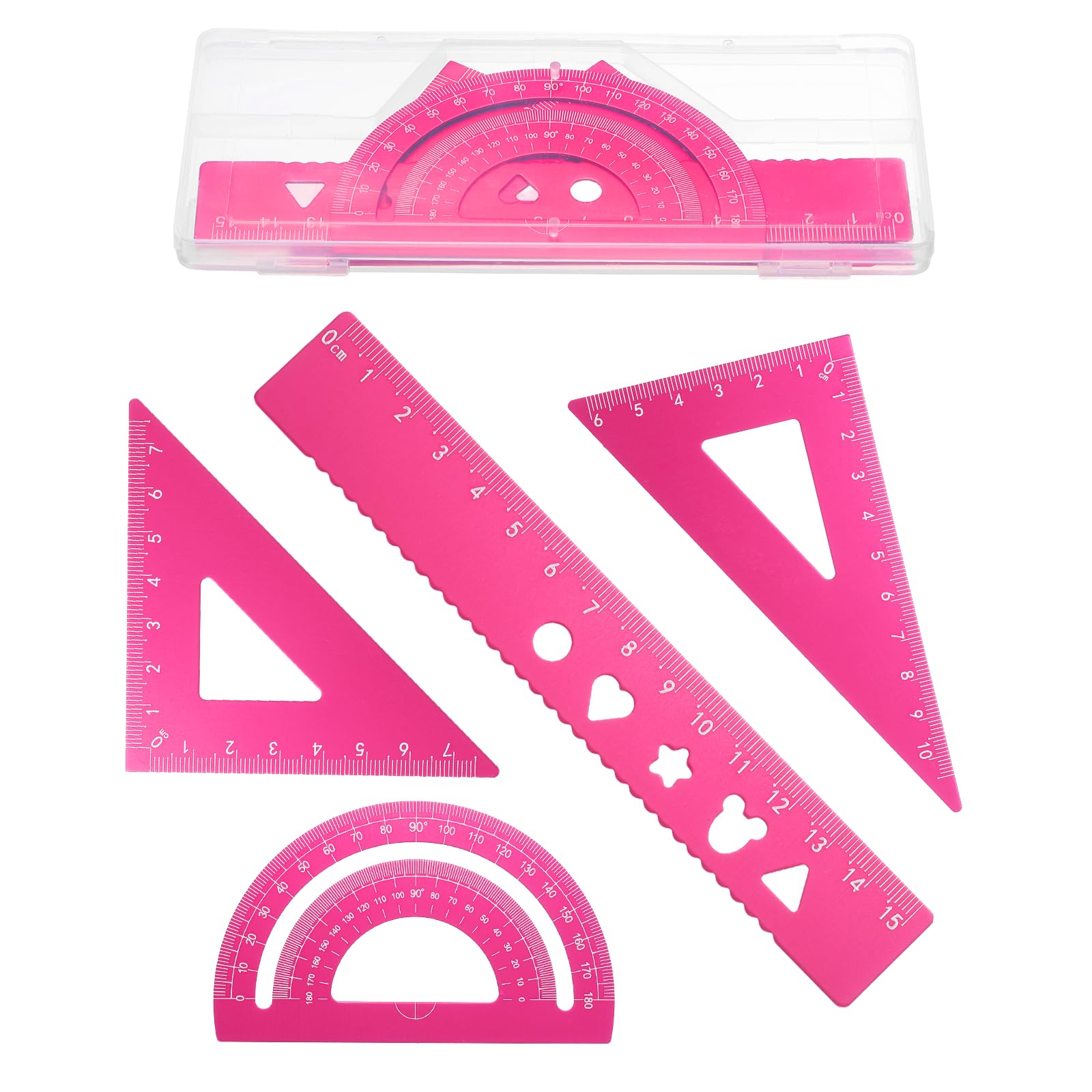 PATIKIL 4 Pcs Geometry Drafting Tool, Aluminum Alloy Geometry Kit Math Tool Includes 15cm L Ruler Protractor Triangles for Drafting Angle Measure Simple Science Experiment, Pink