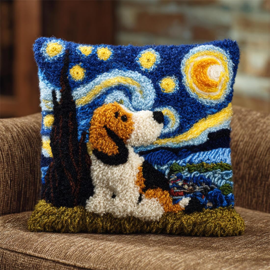 Kitquiver Animal Cushion Making Kit Dogs and The Starry Sky Cross Stitch Pillowcase Making Kits,DIY Latch Hook Rug Kit Embroidery 17x17In