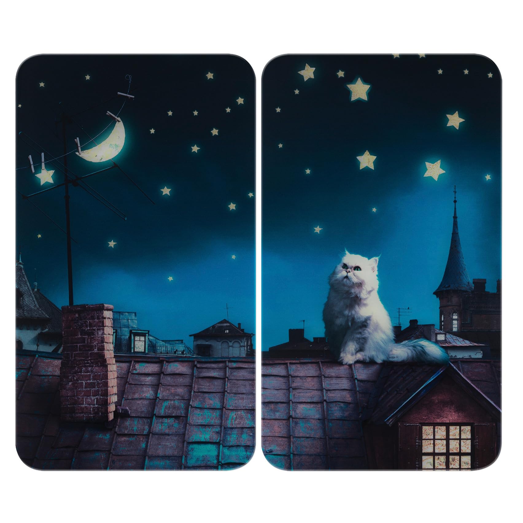 WENKO Herdabdeckplatte Universal Mod. Moon Cat, höhenverstellbar für alle Herdarten, Schneidebrett und Spritzschutz, Glas, 30 x 52 cm, 2-teilig