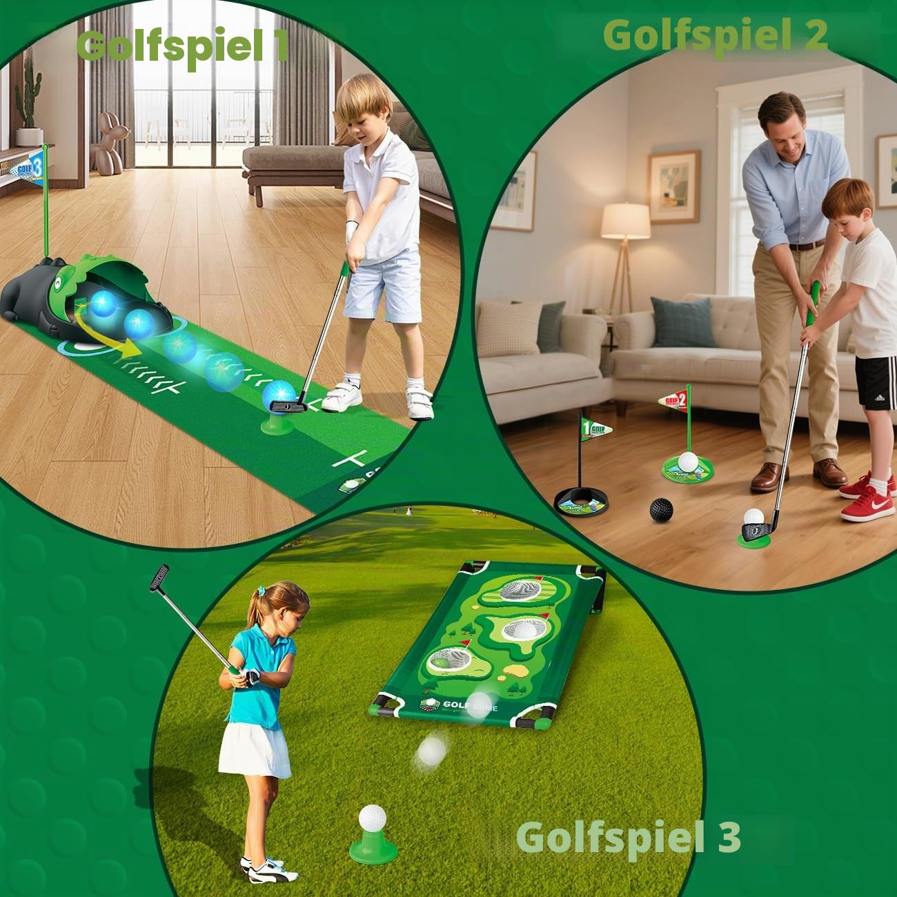 TERRAMUS 3-in-1 Kinder Golfset mit Dinosaurier Automatischem Ballrückgeber, Golf Cornhole-Brett, LED-Leuchtbällen,Putting-Matte,Mini Golf für 3-8 Jahre,Indoor Golfspielzeug Geschenk für Jungen Mädchen