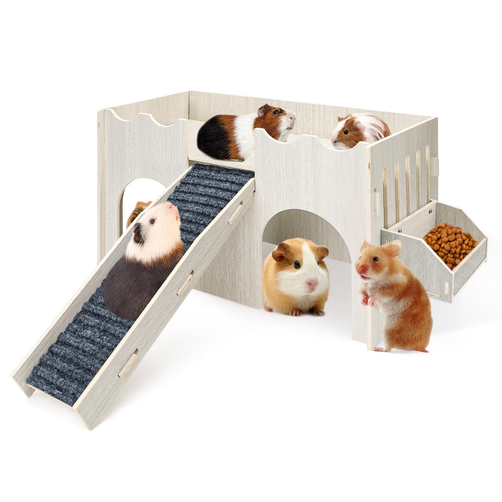 Large Guinea Pig Hideout House, Wooden Guinea Pig Castle with Feeding Basin