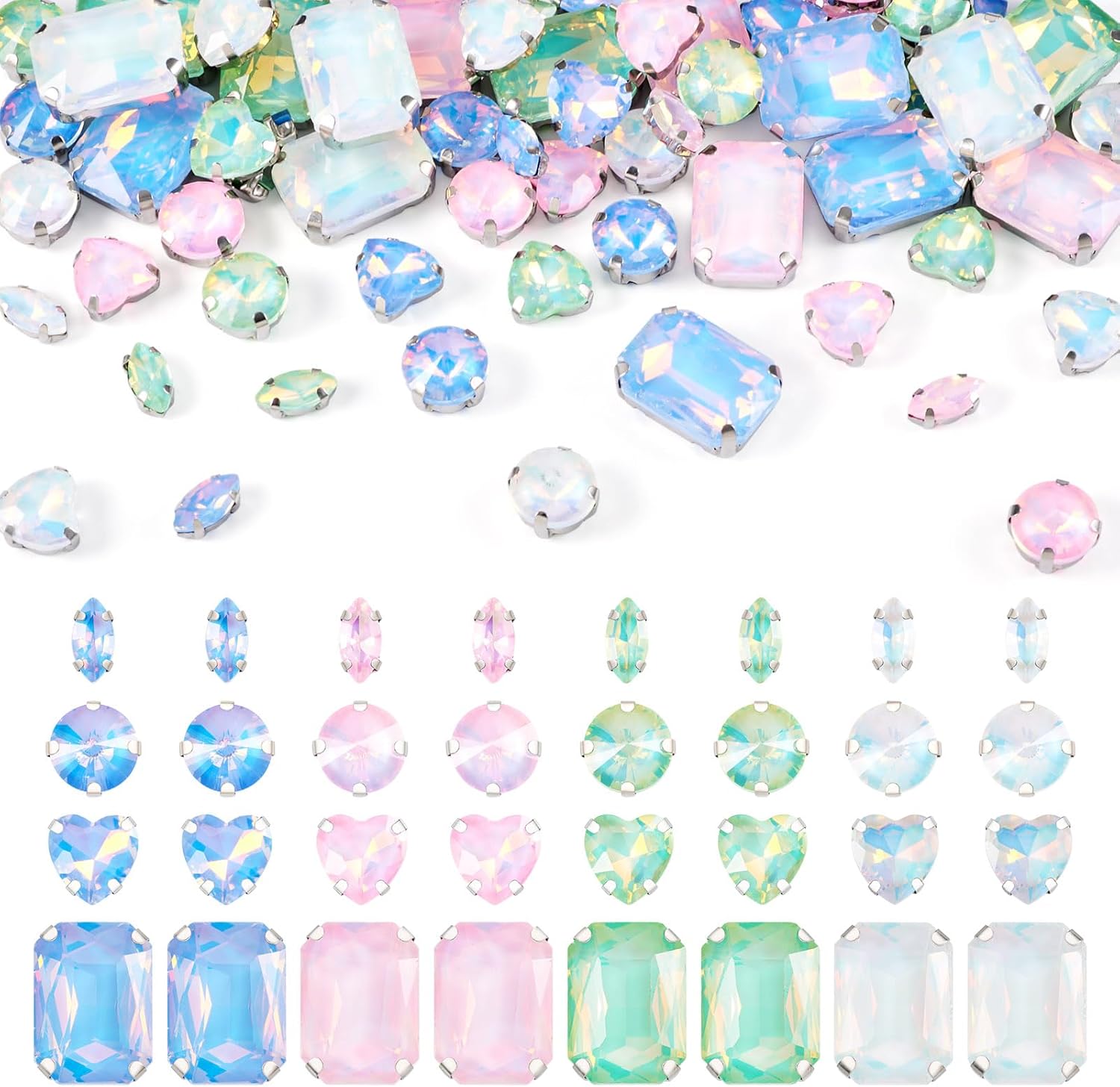 80Pcs Pastel Sew on Rhinestones Heart Round Rectangle Crystal Gems Flatback Rhinestones Diamonds Alloy Prong Settings for Bedazzling Clothes Sewing Jews Shoes