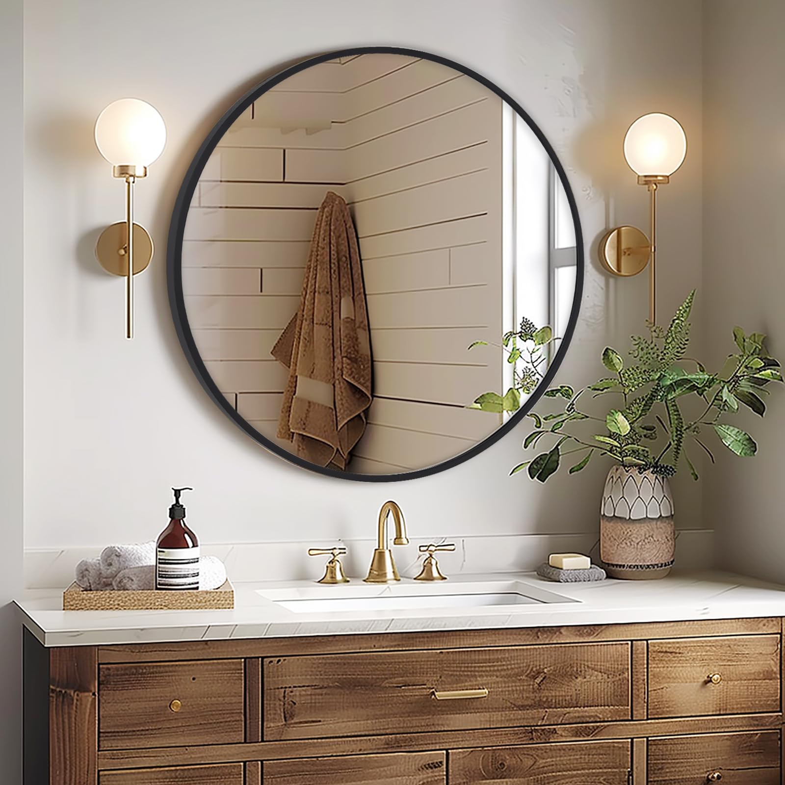 Melodieux Round Wall Mirror 60cm Black Circle Hanging Mirror Home Decorative Wall Mounted Vanity Mirror for Bathroom Living Room Hallway — image 1