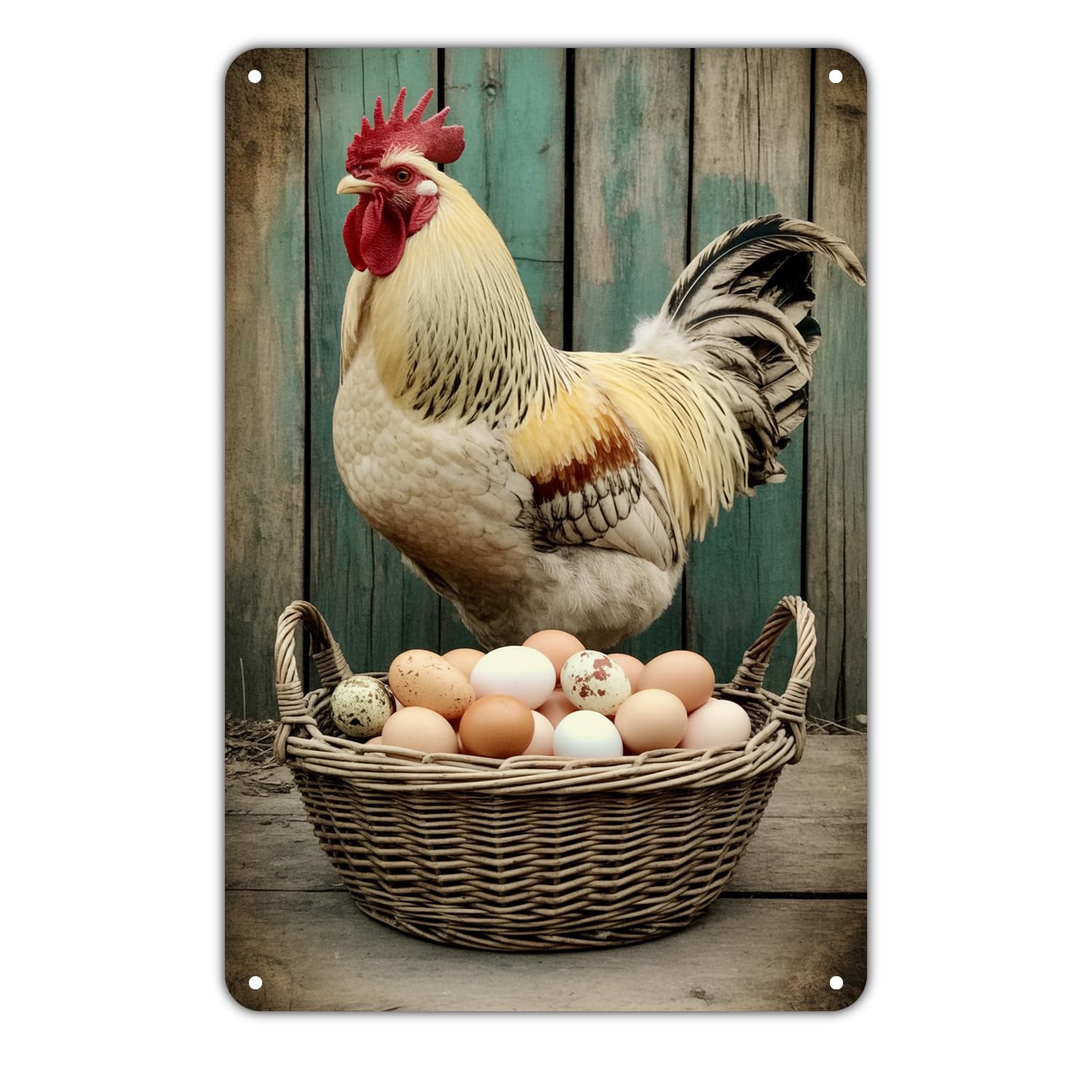 Rooster And Basket Of Eggs Tin Sign Vintage Farmhouse Chicken Metal Sign Print Aesthetic Metal Tin Sign 8X12 Inch