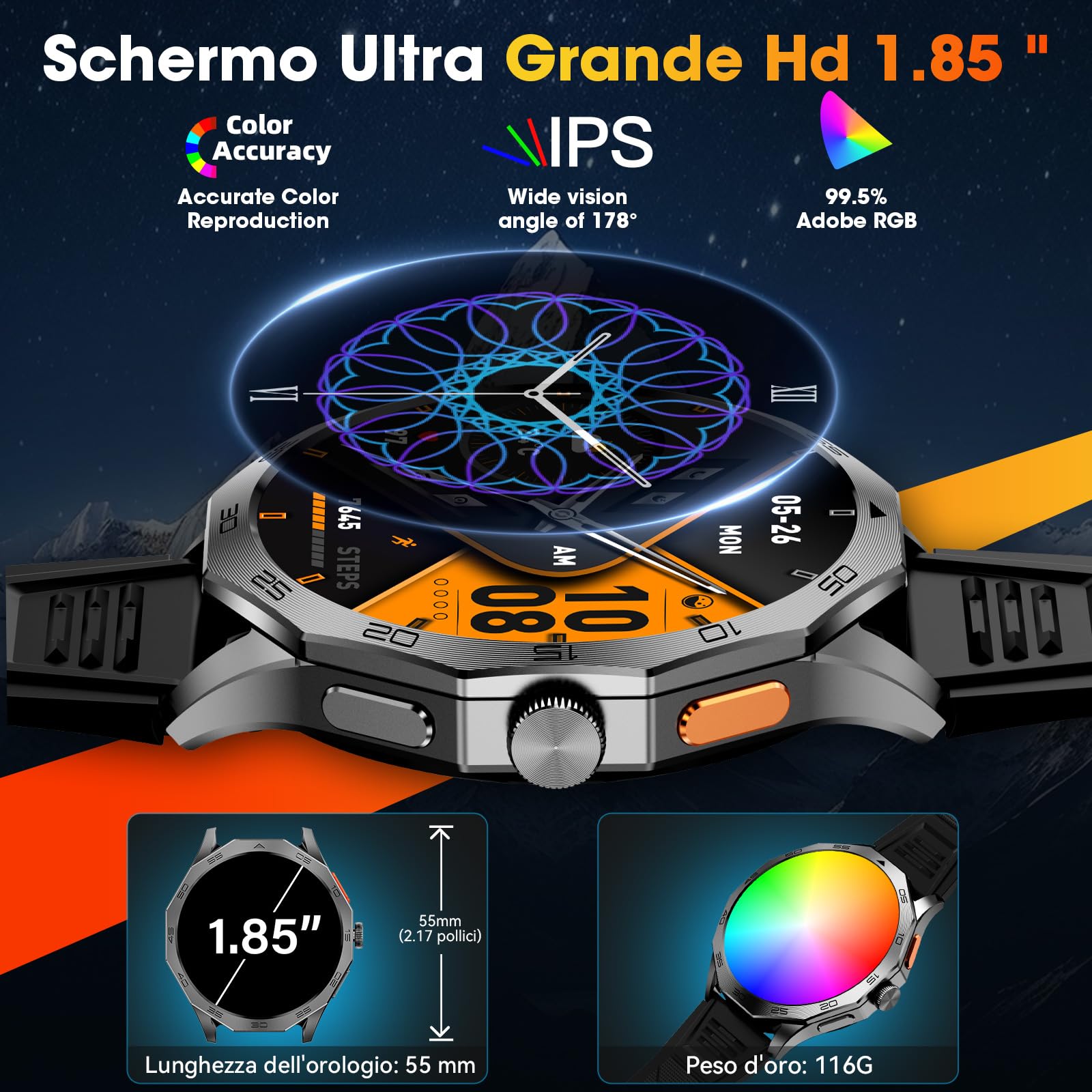 Orologio Militare Uomo 1.85" HD 710mAh IP68 Impermeabile Smartwatch Uomo con Chiamate Bluetooth Smart Watch con Sonno/Cardiofrequenzimetro Orologio Smartwatch Compatibile iOS Android, Nero